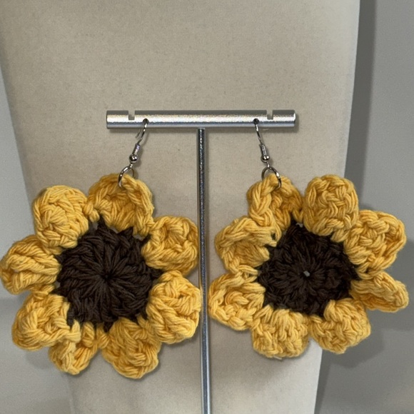 Sunflower Crochet Earrings Pierced w French Hooks Yellow & Brown - Picture 2 of 7